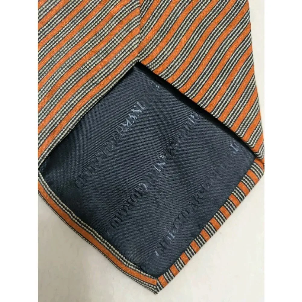 Vintage GIORGIO ARMANI 100% Silk Orange‎ Black Striped Men's Necktie Tie Italy